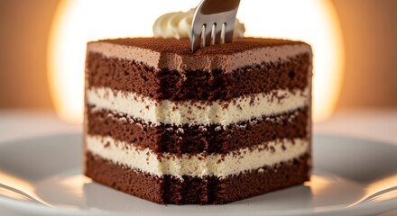 Indulgent Layered Chocolate Cake Delight with a Glistening Fork Plunge