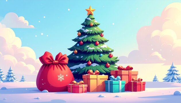 Festive Christmas tree with gifts and a red sack in a snowy winter landscape with a beautiful sky, perfect for holiday cards and seasonal promotions