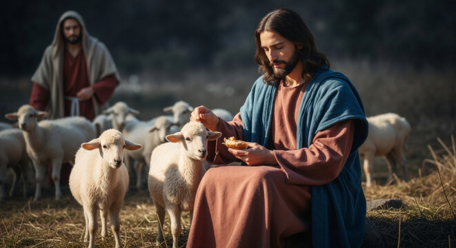 A man in robes sits with sheep, a scene of biblical times.