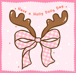 Cute Gingham Coquette Christmas Antlers Reindeer Cartoon Hand Drawn, Kawii Girly Festive Greeting card