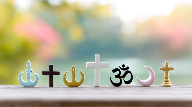 A collection of various religious symbols displayed on a wooden table, set against a blurred natural background, representing diversity and spirituality.