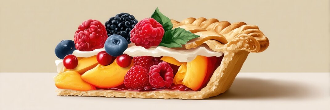 A vibrant fruit pie filled with fresh berries and cream, set against a neutral background. Perfect for dessert or bakery themes.