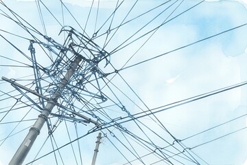 Fototapeta premium Utility poles with overhead wires against a blue sky background electric tram system