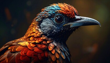 A close-up portrait of a colorful bird with detailed plumage, looking away. Focus on eye, beak, with bokeh background