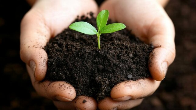 hands holding soil with a green sprout - Powered by Adobe