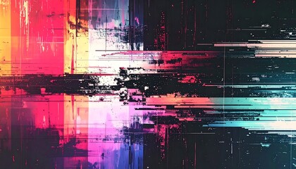 Abstract image featuring vibrant splashes of color, distorted lines, and textures creating a dynamic and glitch-like effect