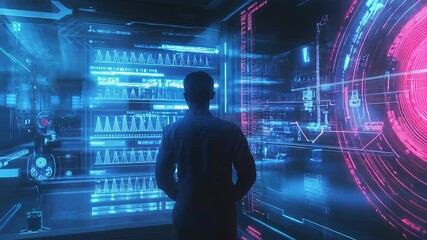 Person analyzing digital data in futuristic server room - Powered by Adobe