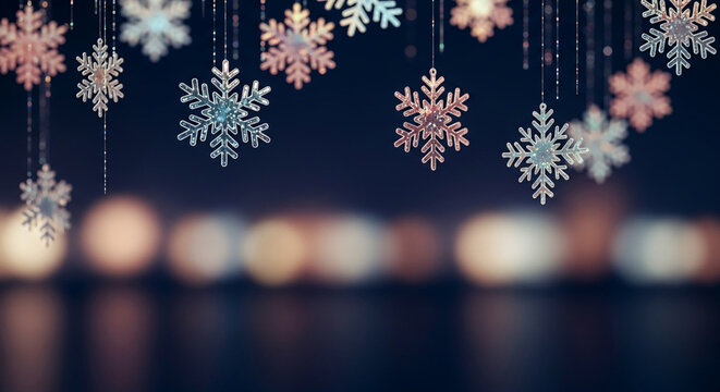 Image with decorative snowflake ornaments hanging against a blurred background of light, evokes a festive seasonal atmosphere, perfect for winter holidays
