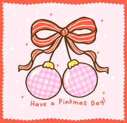 Cute Gingham Coquette Christmas Bauble Cherries with Bow Cartoon Hand Drawn, Kawii Girly Festive Greeting card