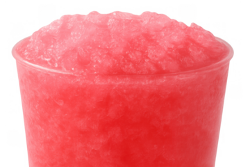 Vibrant red slushy drink in a clear plastic cup, offering cold sweet refreshment, transparent background