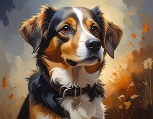 A close-up portrait of a dog with brown, black, and white fur, set against a blurred autumn background. The dog gazes with soulful eyes