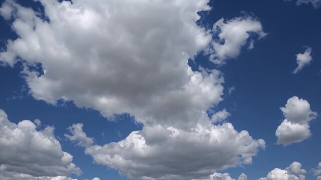 Cinematic 4K footage soft white cumulus clouds floating blue spring sky captured high detail slow motion perfect inspirational meditative visuals