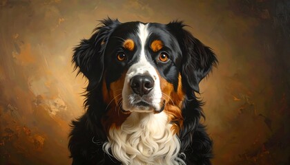 A close-up portrait of a dog with tricolor fur. The breed is a large breed, looking directly at the viewer