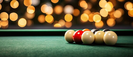 Billiard balls arranged on a green table with blurred bokeh lights in a vintage bar setting, showcasing an inviting atmosphere for social gatherings