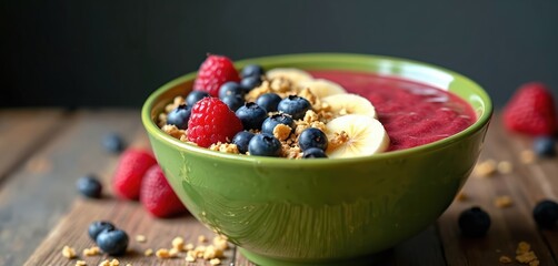 Vibrant red smoothie bowl fresh raspberries, ripe blueberries, banana slices, crunchy granola. Bright green bowl sits on rustic wooden table. Healthy breakfast meal, rich in vitamins for healthy