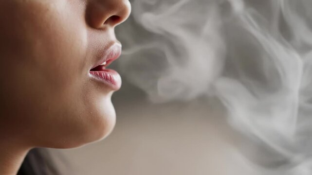 Profile view of a young woman's face exhaling a thick cloud of white smoke or vapor from her sensual lips against a neutral background, symbolizing addiction, pleasure, or relaxation