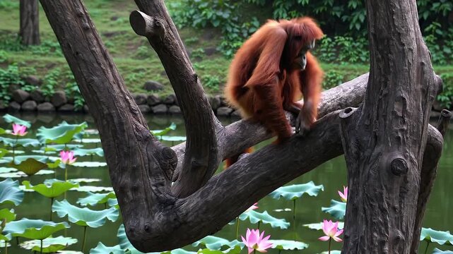 Stunning 4K footage massive orangutan perched wooden branch surrounded pond lotus water lilies Lembang Park Zoo depicting wildlife grace natural habitat beauty