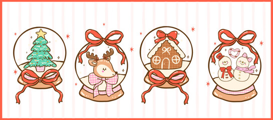 Cute Gingham Coquette Christmas Snow Globe Cartoon Hand Drawn Set, Kawii Girly Festive Holiday Doodle Collection