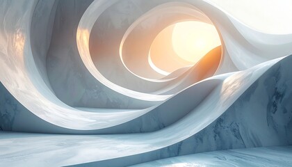 Abstract, swirling, white architectural structure bathed in warm light, appears to be made of marble or similar material