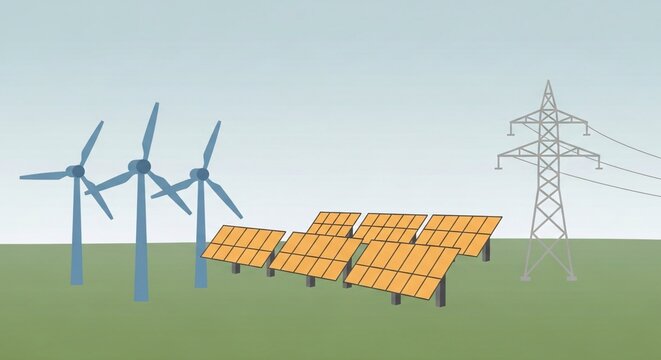 Sustainable Green Energy Landscape with Wind Turbines and Solar Panels