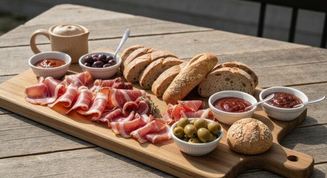 A gourmet charcuterie board with bread, meats, olives, and dips on wood