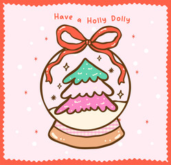 Cute Gingham Coquette Christmas Snow Globe with Bow Cartoon Hand Drawn, Kawii Girly Festive Greeting card