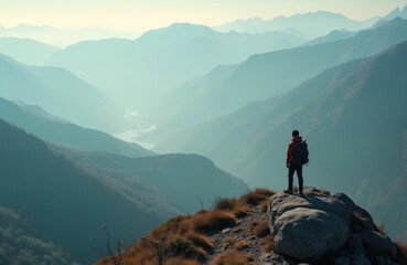 Hiker with backpack stands on mountain peak, looking out at misty valleys. Man enjoys vast landscape, sense of achievement and solitude in nature.