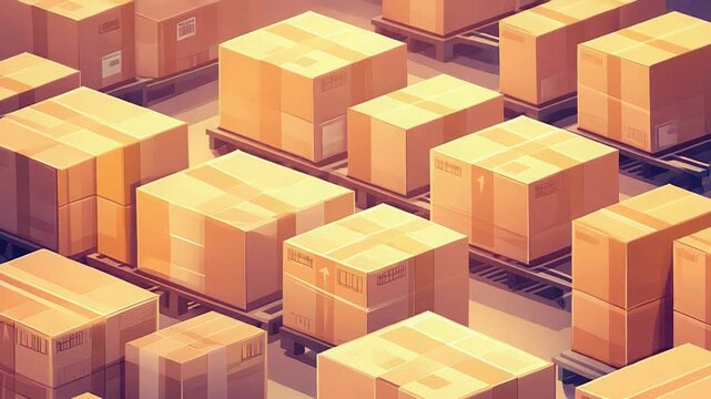 Warehouse storing cardboard boxes with packages on pallets