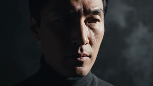 Serious middle aged asian man staring into camera in moody, low key lighting, experienced features cast in deep shadows, intense gaze conveying confidence and quiet power