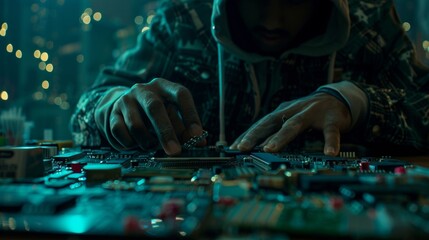 Focused African Descent Male Technician in Jacket Examining Motherboard at IT Repair Service