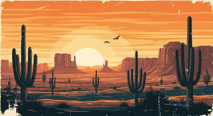 Vintage Grunge Desert Sunset Landscape with Cacti & Mesas