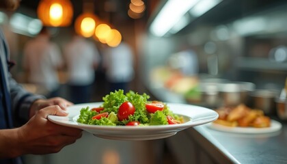Waiter carries plate of fresh salad. Chef in restaurant kitchen serves healthy dinner. Professional staff working at eatery. Blurred background shows other dishes and personnel. Food service