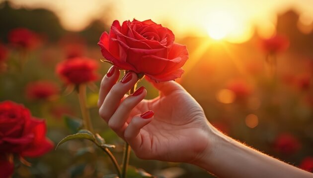 Woman holds red rose in hand at sunset among flowers. Sunlight glows on petals and romantic garden scene. Perfect for themes of love, beauty, and nature. - Powered by Adobe