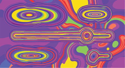 Abstract psychedelic background with swirling purple, yellow, green, and red colors, featuring concentric oval and linear shapes.