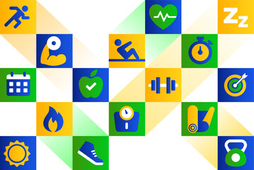 Geometric Fitness Icon Grid Background - Modern Health and Exercise Pattern for Gym Design Use
