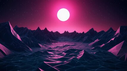 Retrowave digital landscape with neon sun and polygon mountains - Powered by Adobe