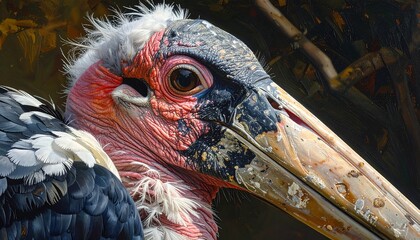 A close-up portrait of a majestic bird with striking red and gray features, set against a blurred background