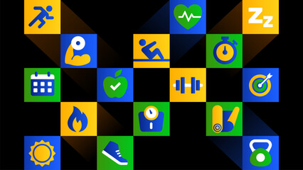 Modern Exercise Icon Pattern Background - Colorful Fitness Grid Design for Wellness and Motivation