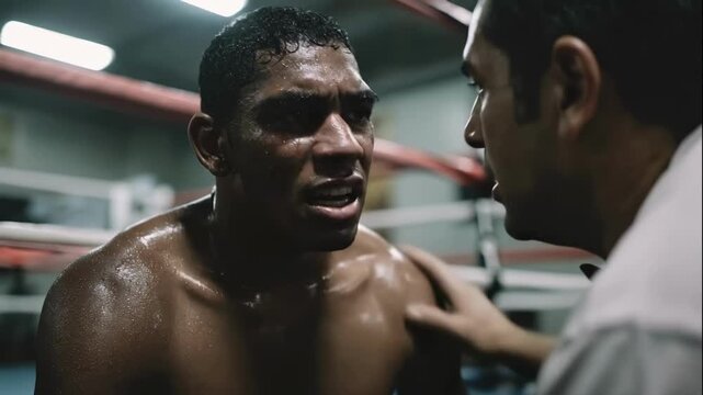 An intense boxer gets advice from his coach in the corner of the ring. A sweaty fighter listens to his trainer during a break in a fight. Mentorship and determination concept