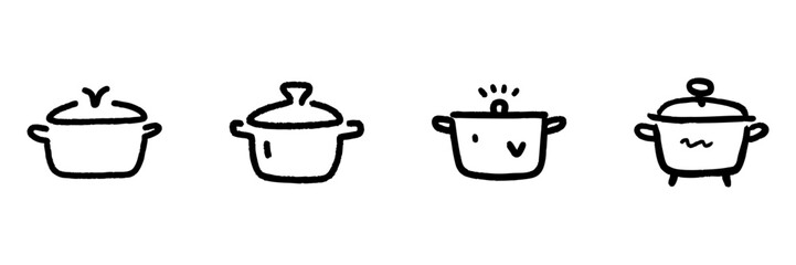 Cooking Pots Line Icon Set In Doodle Style. Kitchenware, Culinary Tools, And Cooking Essentials Outline Sketch Collection. Hand Drawn Isolated Vector Illustration