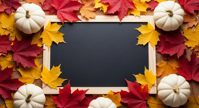 Top-down shot of blank chalkboard framed by maple leaf and gourd, representing fall season, Thanksgiving, Halloween. Free space for message