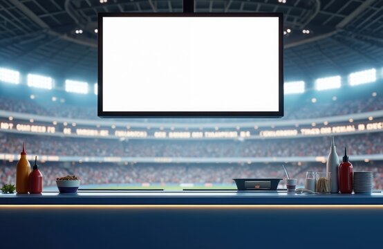 Stadium screen above concession stand counter with food items and drinks. Crowd watches sport event in blurred background. Mockup digital display shows blank white area for custom ad or info.