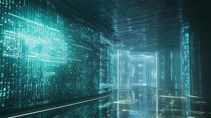 Digital data flowing in server room hallway - Powered by Adobe