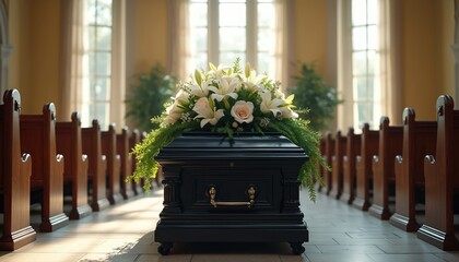 Black casket with white flowers sits in funeral home. Wooden pews line aisle. Sunlight streams through tall windows, creating solemn atmosphere for remembrance.