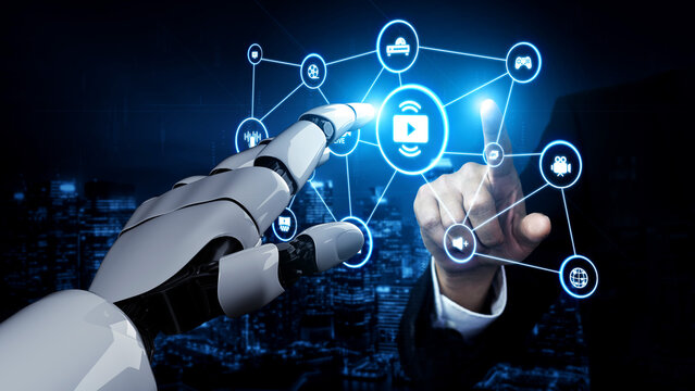 AI assisted multimedia with video, audio, photo and streaming icons showing modern digital communication and online entertainment platforms Entice