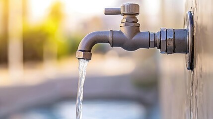Water flowing gently from an old tap amidst a soft, blurred background in a serene outdoor setting during golden hour