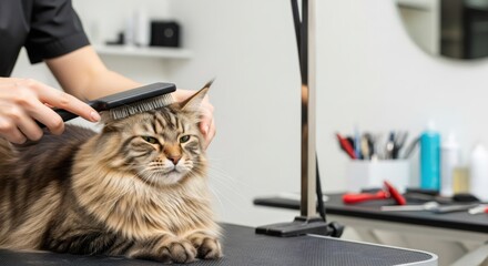Woman groomer combing maine coon cat fur on grooming table. Pet care during professional salon service. Animal hygiene concept.
