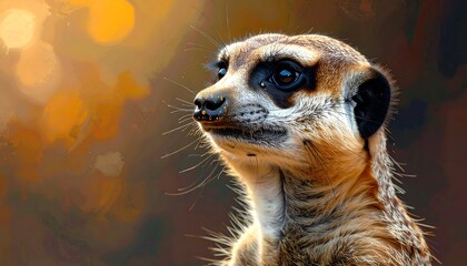 A close-up portrait of a meerkat gazing upwards against a blurred background bathed in warm, golden light
