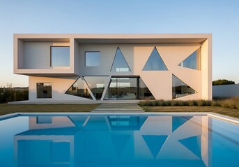 Striking modern house with triangular windows reflected in swimming pool