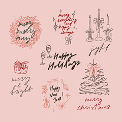 Hand written elegant delicate Christmas lettering calligraphy quotes with illustrations